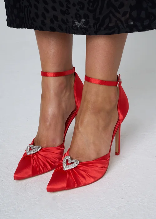 Public Desire Meant To Be Red Satin Diamante Heart Court Stiletto Heel - 6 Image 1