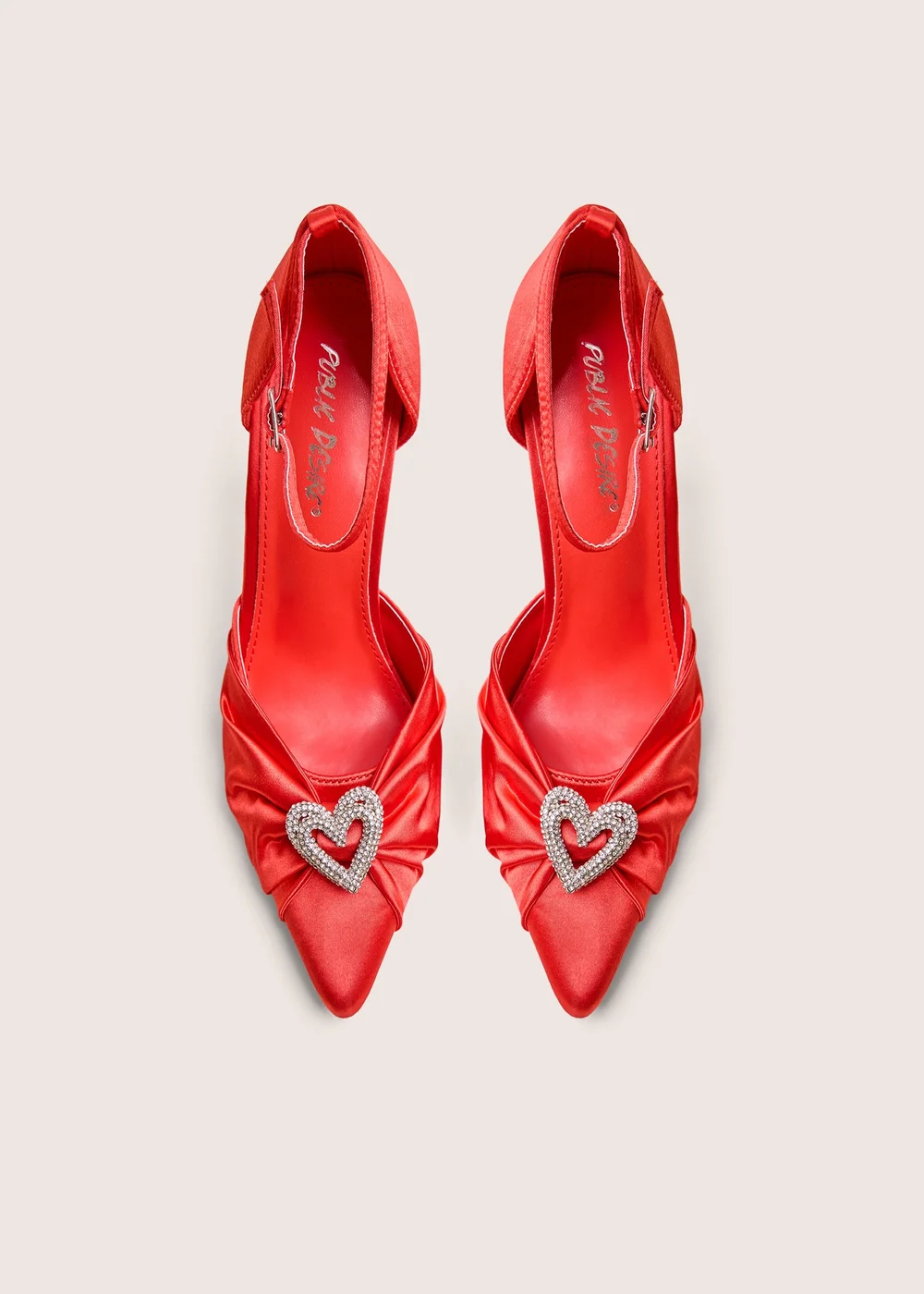 Public Desire Meant To Be Red Satin Diamante Heart Court Stiletto Heel - 6 Image 3