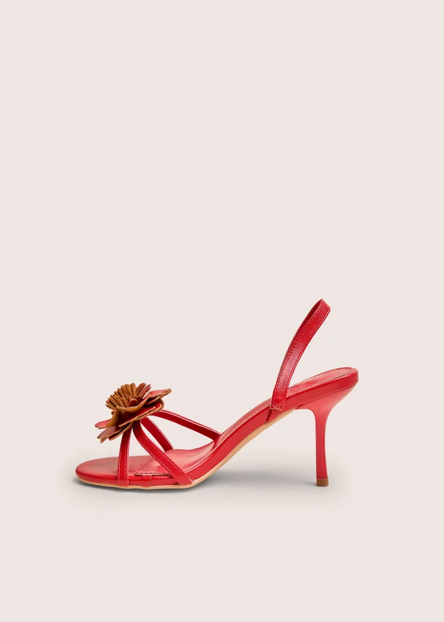 Public Desire Red Hot Red Pu 3d Flower Sling Back Mid Heels