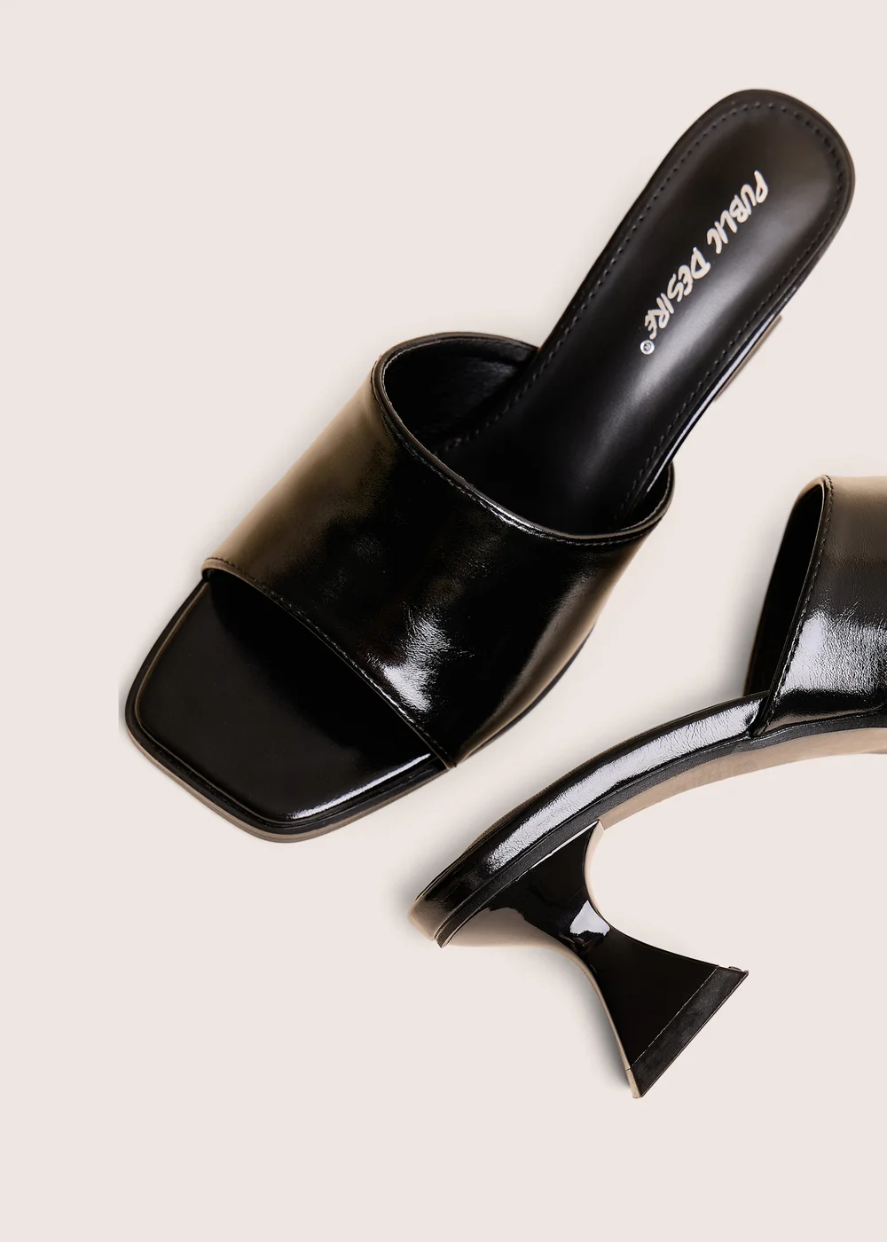 Public Desire Romi Black Patent Mule Square Toe Flared Block Mid Heels - 4 Image 4