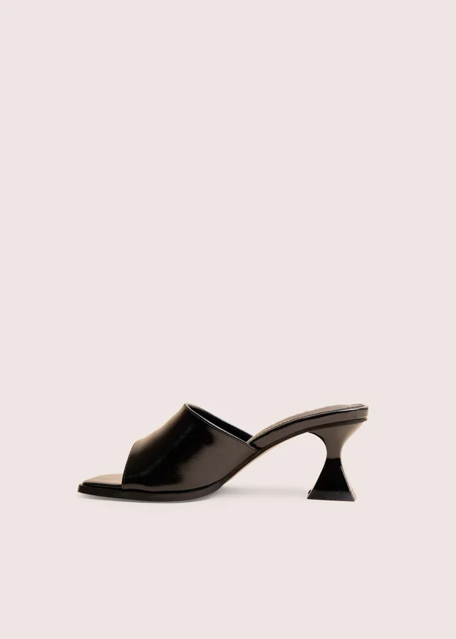 Public Desire Romi Black Patent Mule Square Toe Flared Block Mid Heels