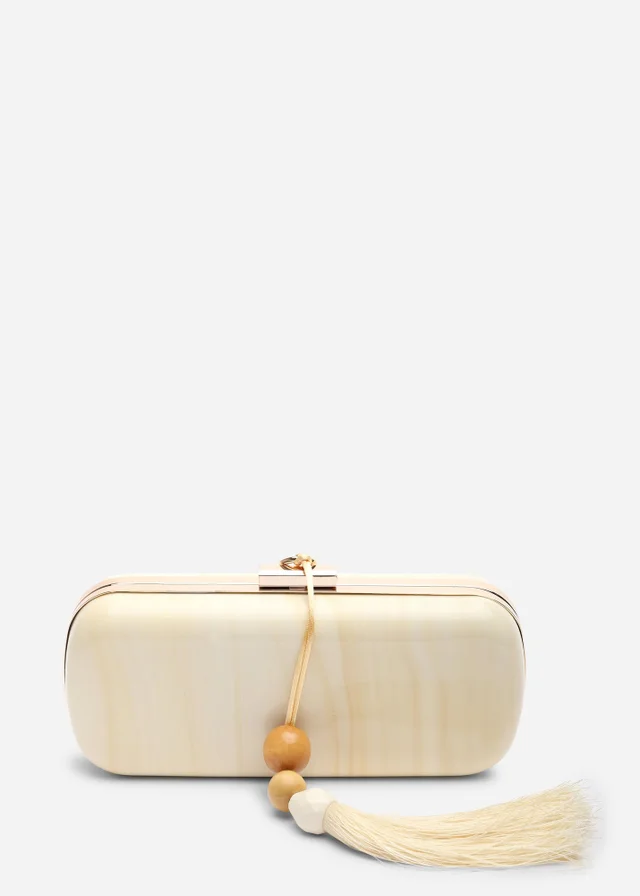 Where's That From Falcon Marble Finish Tassel Clutch Bag In White Gold