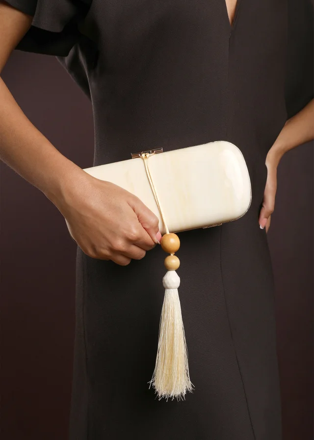 Where's That From Falcon Marble Finish Tassel Clutch Bag In White Gold