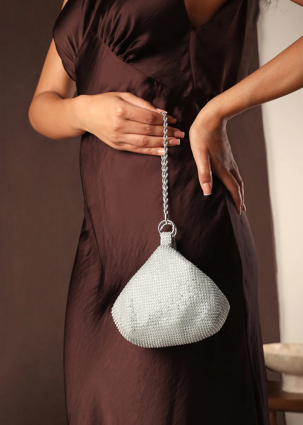 Where's That From Lore Silver Diamante Pouch Bag With Chain Detail Handle - One Size Image 2