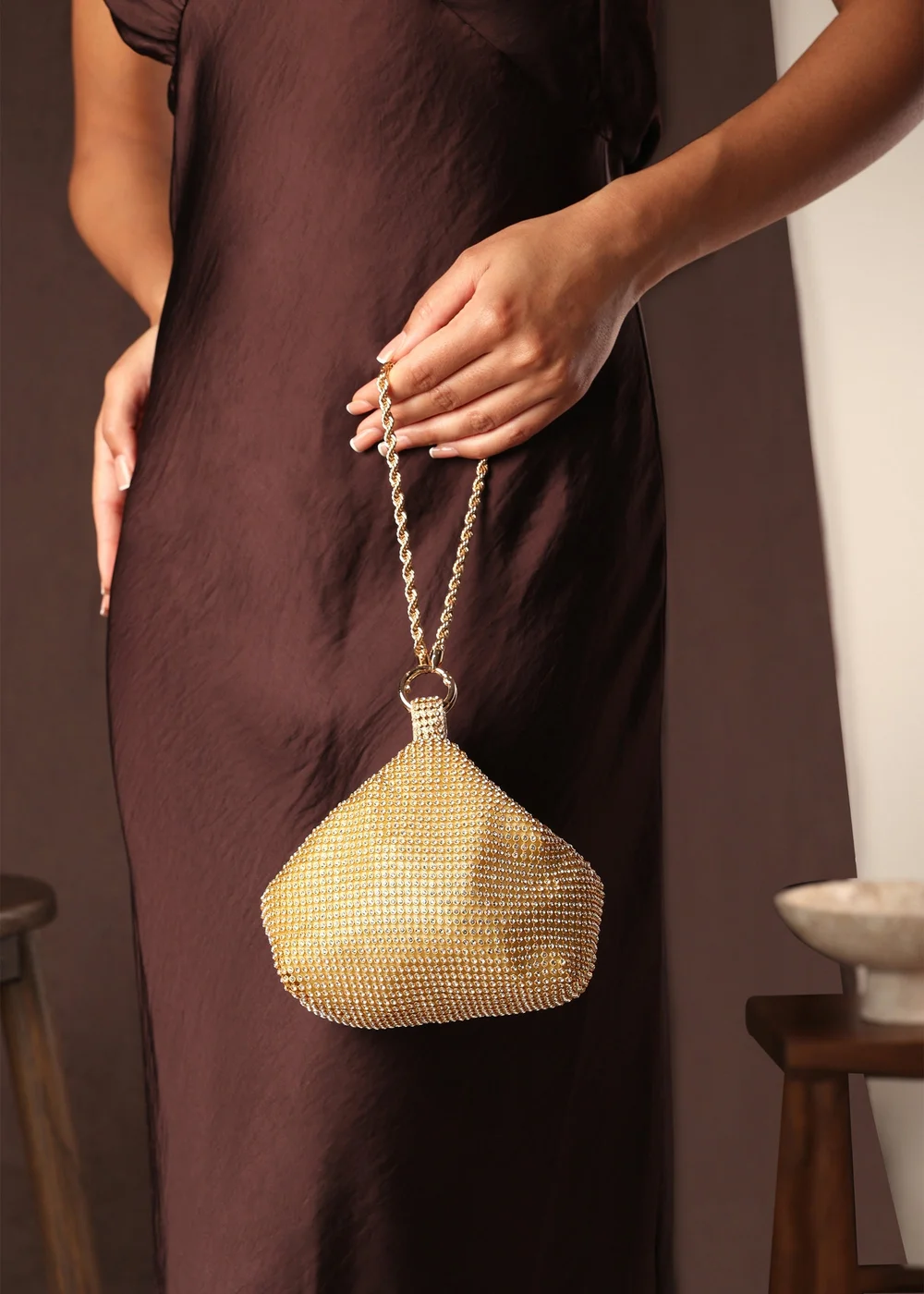 Where's That From Lore Gold Diamante Pouch Bag With Chain Detail Handle - One Size Image 1