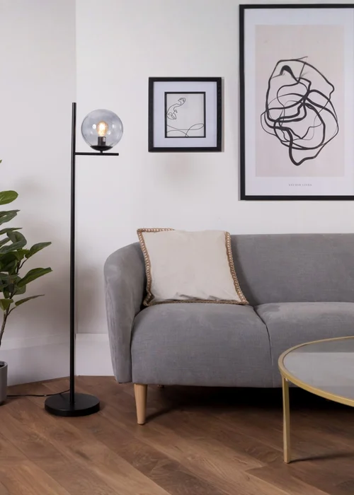 ValueLights Clarke Matt Black Metal Floor Lamp with Glass Globe Shade - One Size Image 1