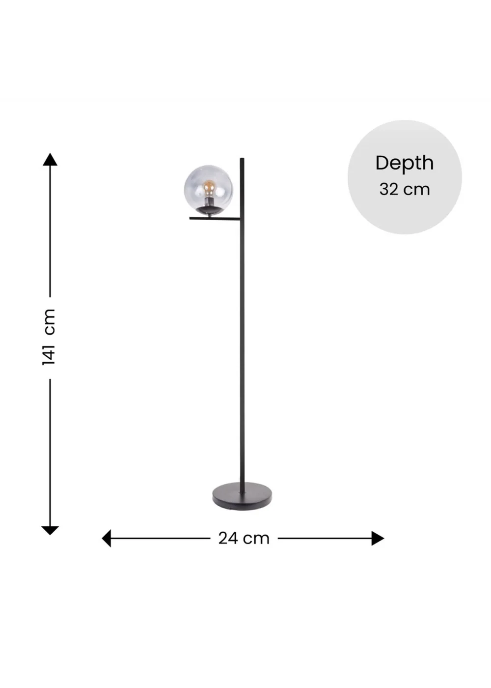 ValueLights Clarke Matt Black Metal Floor Lamp with Glass Globe Shade - One Size Image 3
