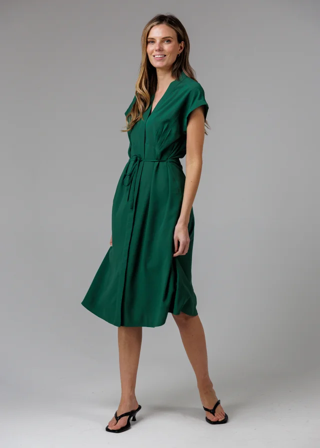 French Connection Green V-Neck Cap Sleeve Crepe Midi Dress