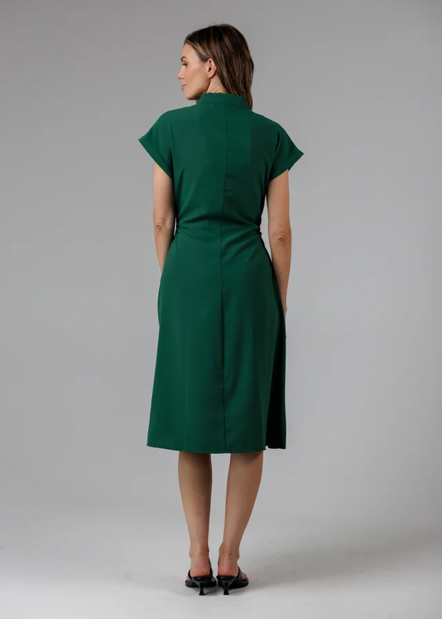 French Connection Green V-Neck Cap Sleeve Crepe Midi Dress