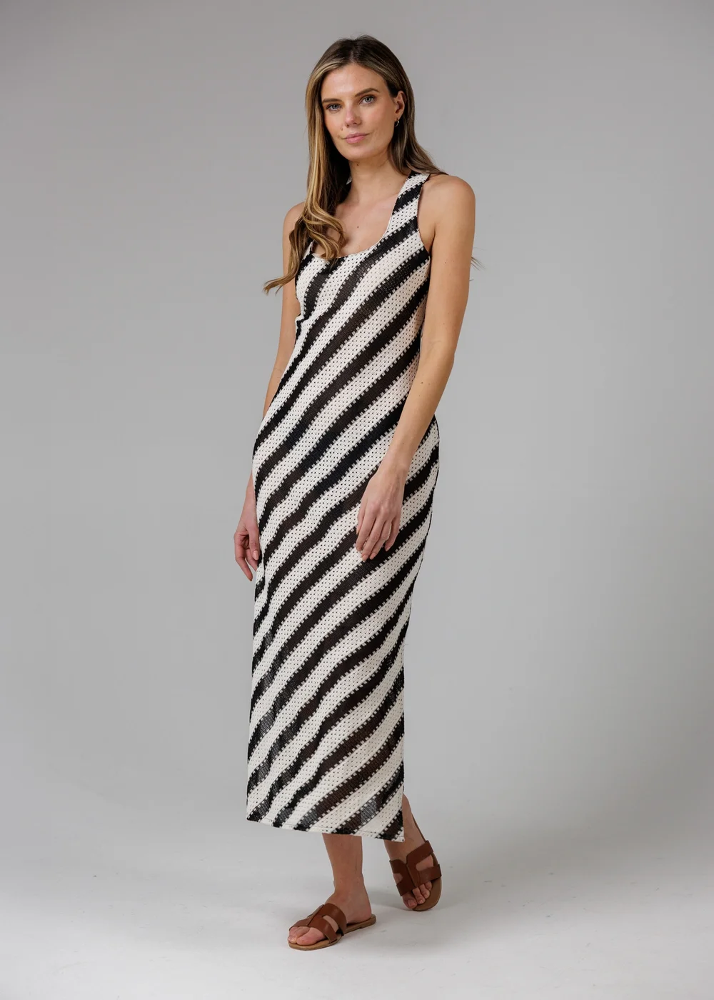 French Connection Black Cotton Blend Stripe Crochet Scoop Neck Tie Back Midi Dress - S Image 5