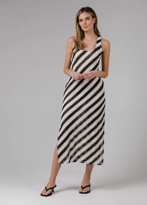 French Connection Black Cotton Blend Stripe Crochet Scoop Neck Tie Back Midi Dress - S Image 1