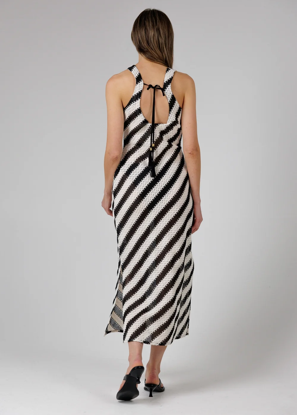 French Connection Black Cotton Blend Stripe Crochet Scoop Neck Tie Back Midi Dress - S Image 2