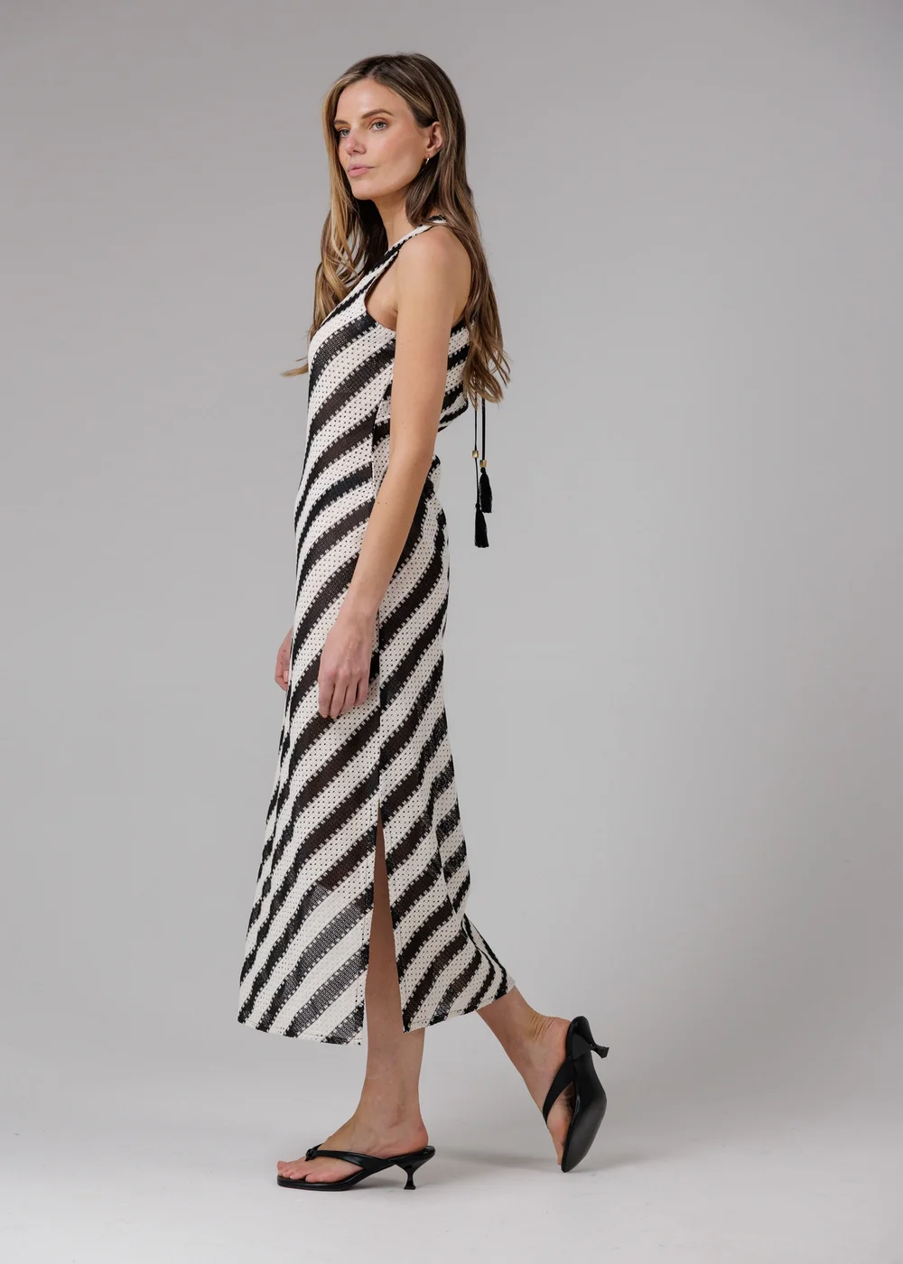 French Connection Black Cotton Blend Stripe Crochet Scoop Neck Tie Back Midi Dress - S Image 4