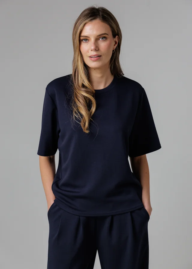 French Connection Navy Luxe Short Sleeve Crew Neck Pinched Top
