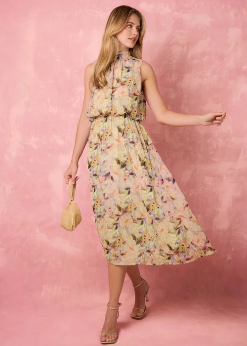 Blue Vanilla Green Watercolour Printed Sleeveless Midi Dress - L Image 1
