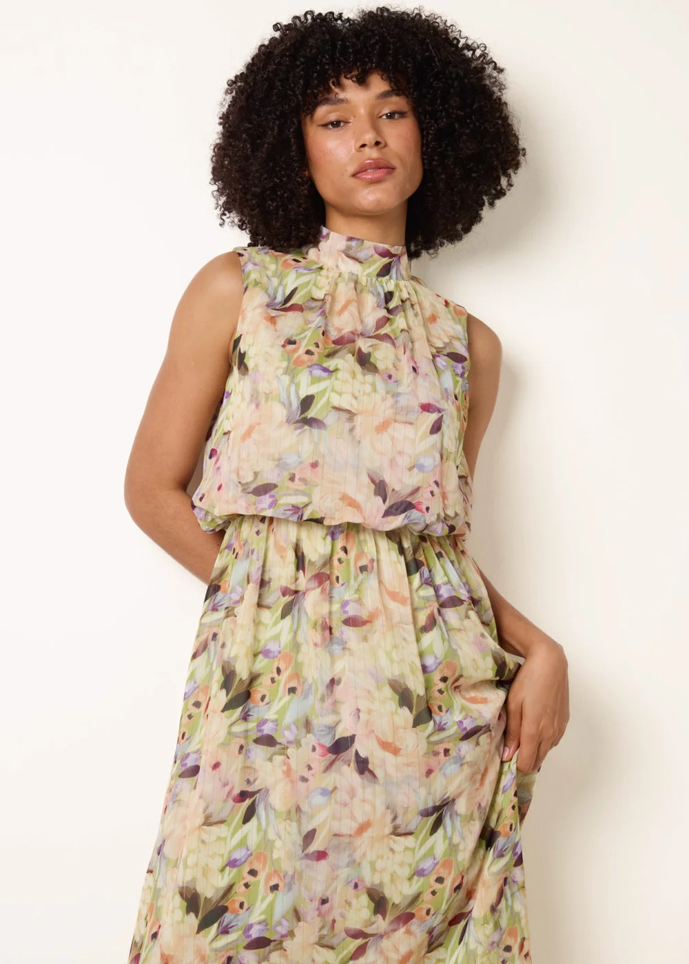 Blue Vanilla Green Watercolour Printed Sleeveless Midi Dress - L Image 3