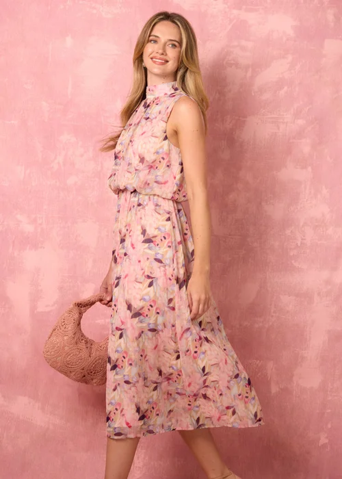 Blue Vanilla Pink Watercolour Printed Sleeveless Midi Dress - S Image 2