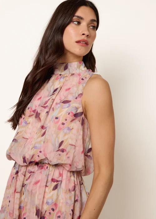 Blue Vanilla Pink Watercolour Printed Sleeveless Midi Dress - S Image 4