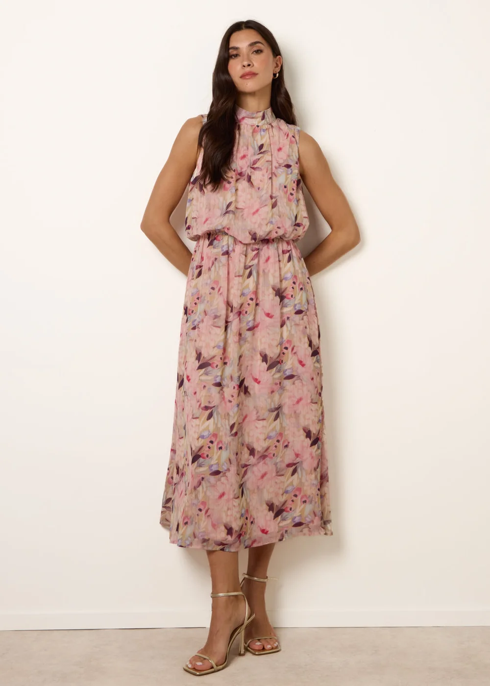 Blue Vanilla Pink Watercolour Printed Sleeveless Midi Dress - S Image 5