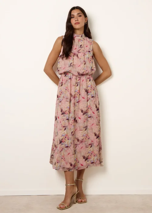 Blue Vanilla Pink Watercolour Printed Sleeveless Midi Dress - S Image 5
