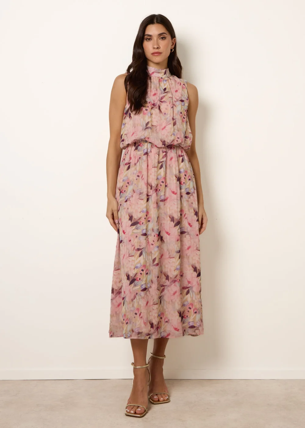 Blue Vanilla Pink Watercolour Printed Sleeveless Midi Dress - S Image 3