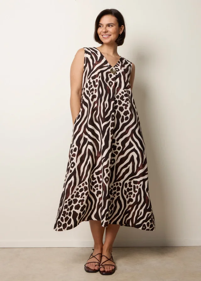 Blue Vanilla Brown Animal Print V Neck Dress