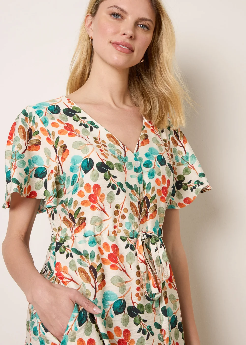 Blue Vanilla Beige Leaf Print Tie Waist Shirt Midi Dress - L/XL Image 3