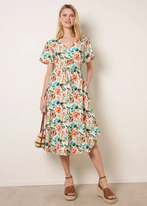 Blue Vanilla Beige Leaf Print Tie Waist Shirt Midi Dress - L/XL Image 2