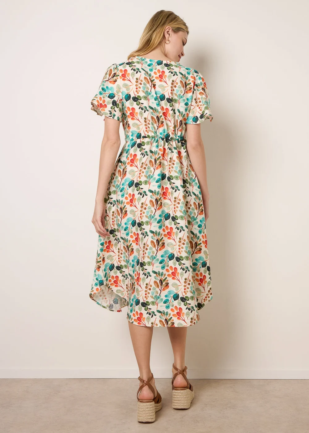 Blue Vanilla Beige Leaf Print Tie Waist Shirt Midi Dress - L/XL Image 4