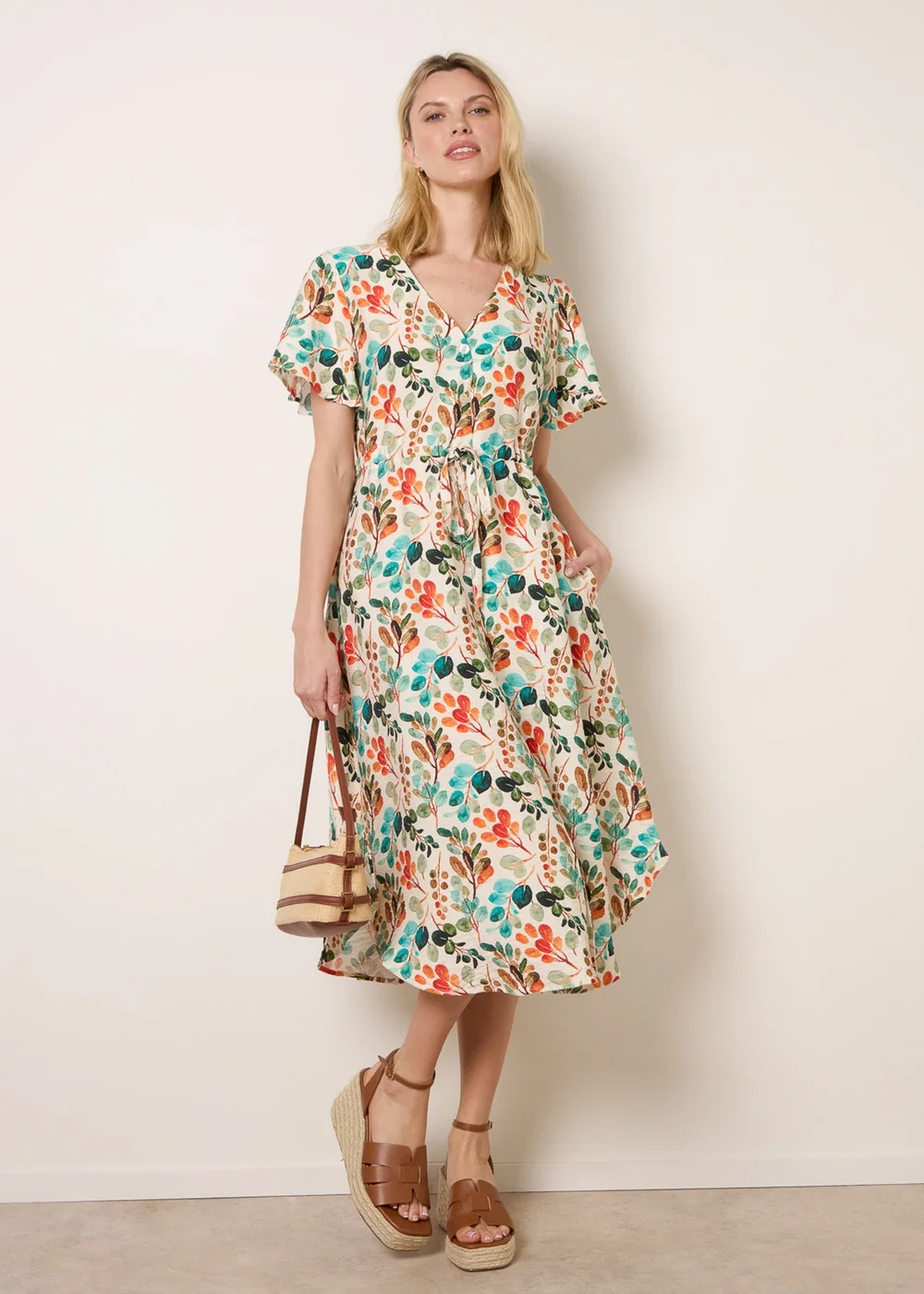 Blue Vanilla Beige Leaf Print Tie Waist Shirt Midi Dress - L/XL Image 1