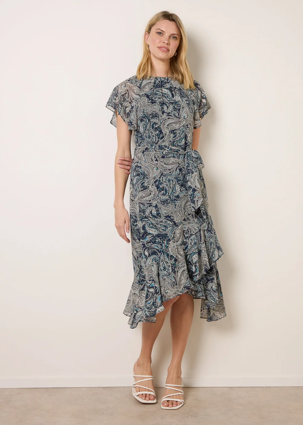 Blue Vanilla Navy Paisley Print Angel Sleeve Asymmetric Midi Dress - 8 Image 1