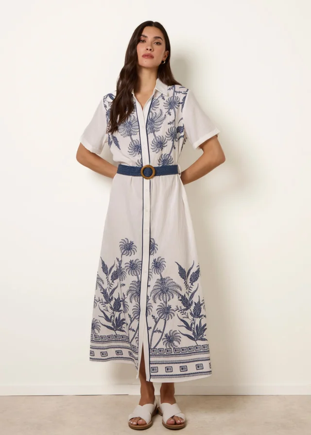 Blue Vanilla White Tropical Palm Embroidery Dress