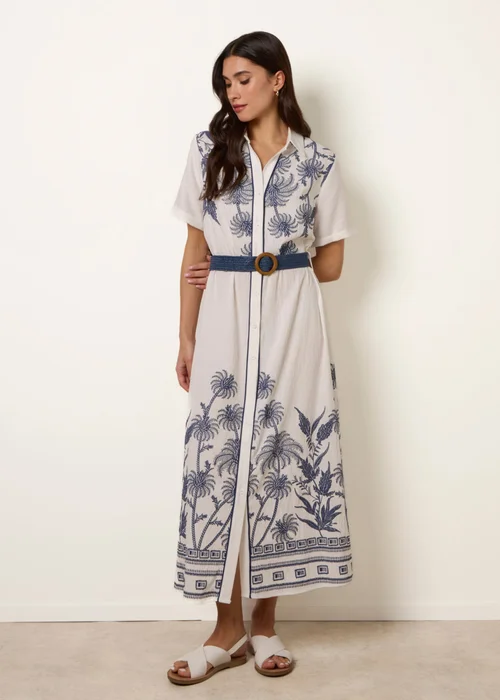 Blue Vanilla White Tropical Palm Embroidery Dress - S Image 3