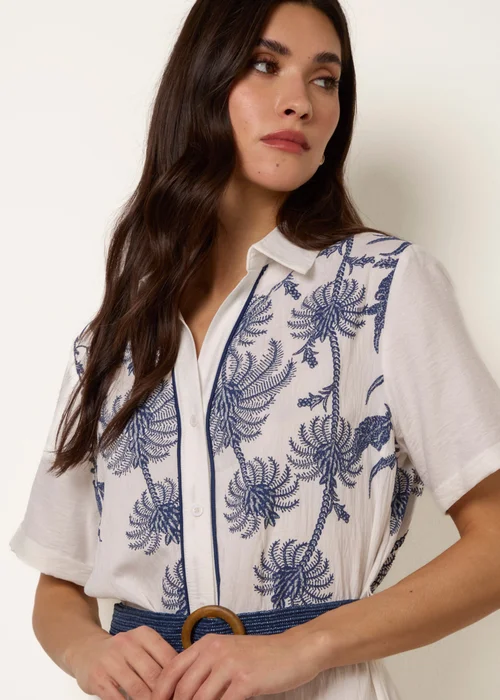 Blue Vanilla White Tropical Palm Embroidery Dress - S Image 2