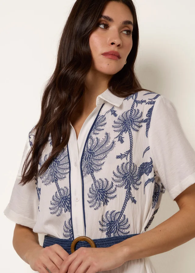 Blue Vanilla White Tropical Palm Embroidery Dress