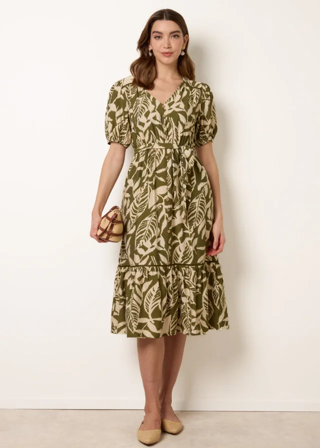 Blue Vanilla Khaki Coconut Button Belted Midi Dress