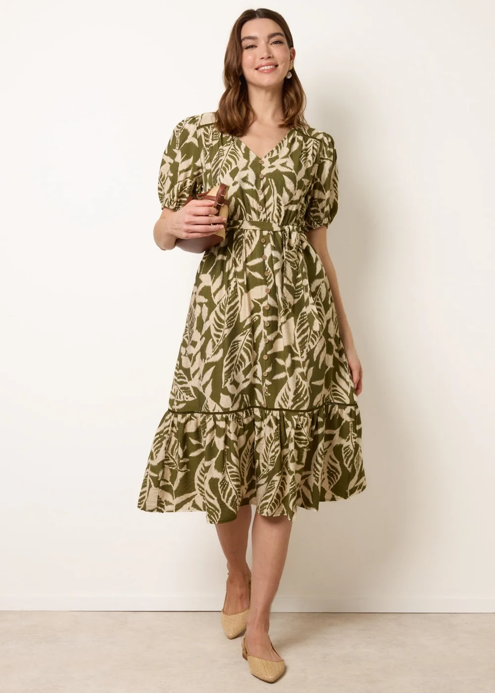 Blue Vanilla Khaki Coconut Button Belted Midi Dress - L Image 3