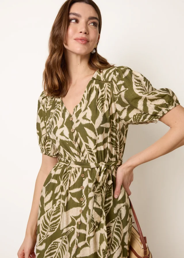 Blue Vanilla Khaki Coconut Button Belted Midi Dress