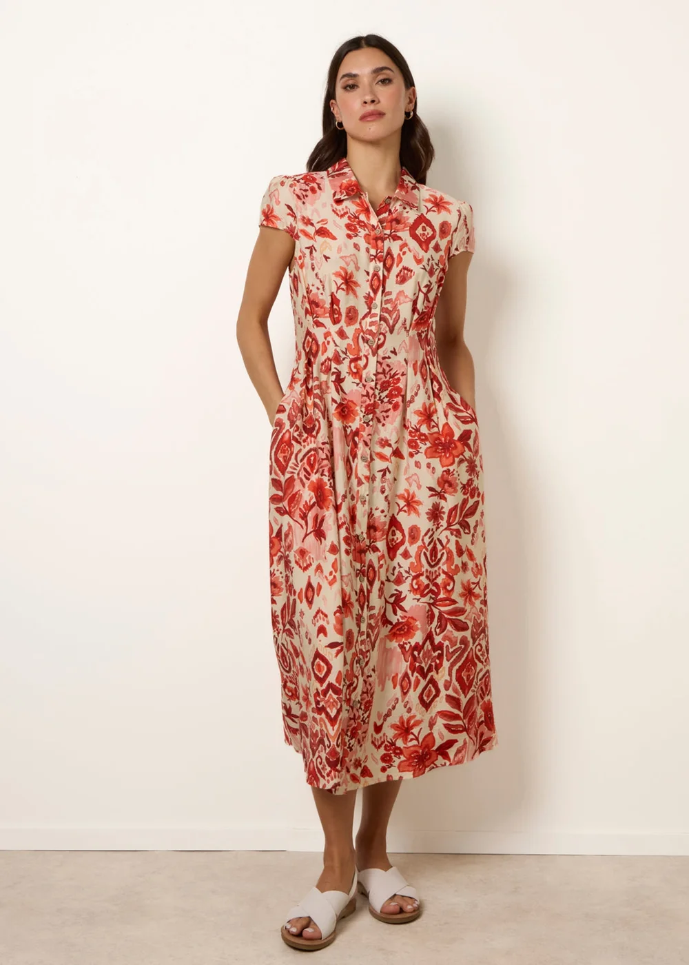 Blue Vanilla Orange Watercolour Floral Printed Button Front Shirt Dress - S Image 1