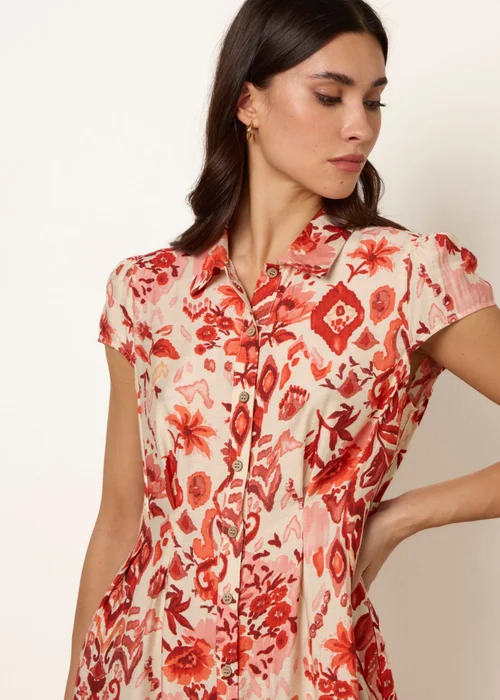 Blue Vanilla Orange Watercolour Floral Printed Button Front Shirt Dress - S Image 2