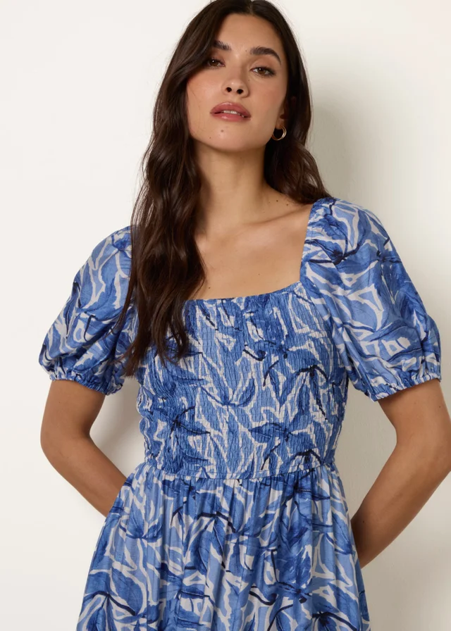 Blue Vanilla Blue Large Floral Printed Square Neck Puff Sleeve Dress