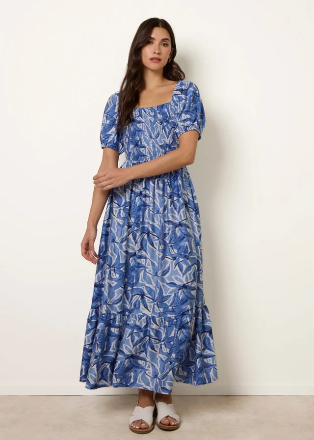 Blue Vanilla Blue Large Floral Printed Square Neck Puff Sleeve Dress