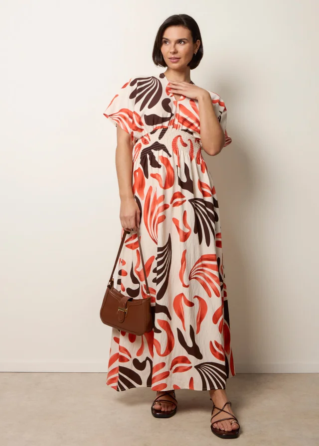 Blue Vanilla Orange V Neck Abstract Leaf Print Dress