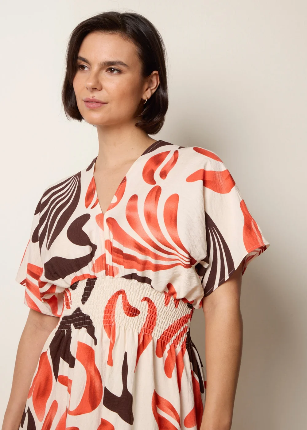 Blue Vanilla Orange V Neck Abstract Leaf Print Dress - M Image 2