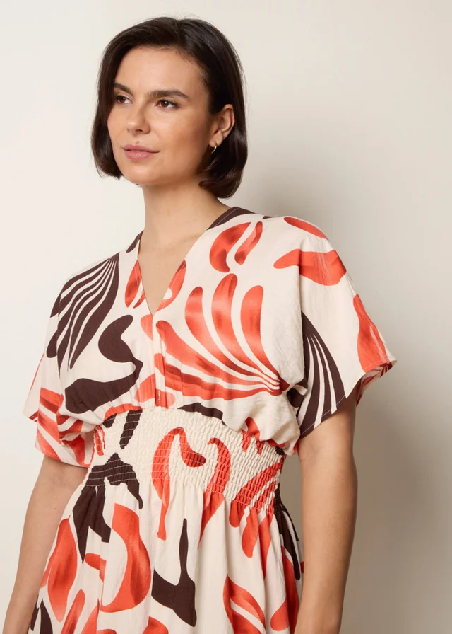 Blue Vanilla Orange V Neck Abstract Leaf Print Dress