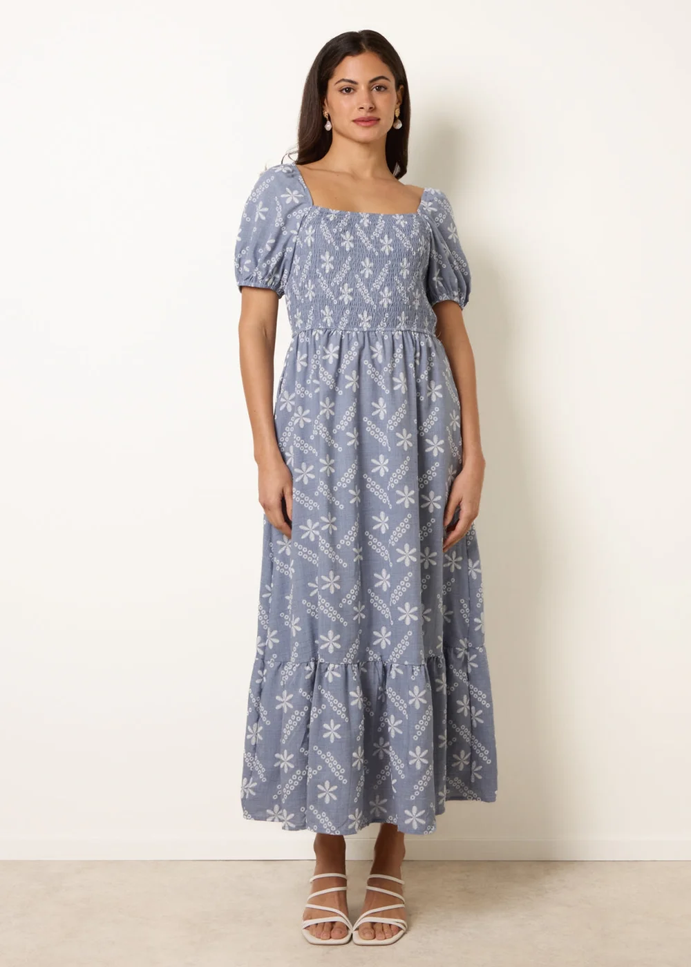 Blue Vanilla Blue Embroidery Puff Sleeve Midi Dress - M/L Image 3