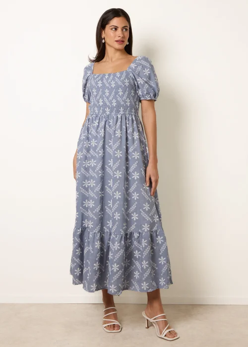 Blue Vanilla Blue Embroidery Puff Sleeve Midi Dress - M/L Image 1