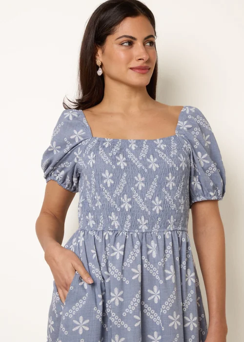 Blue Vanilla Blue Embroidery Puff Sleeve Midi Dress - M/L Image 2