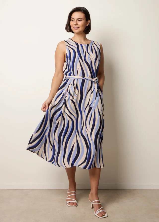 Blue Vanilla Navy Bold Wave Print Belted Dress