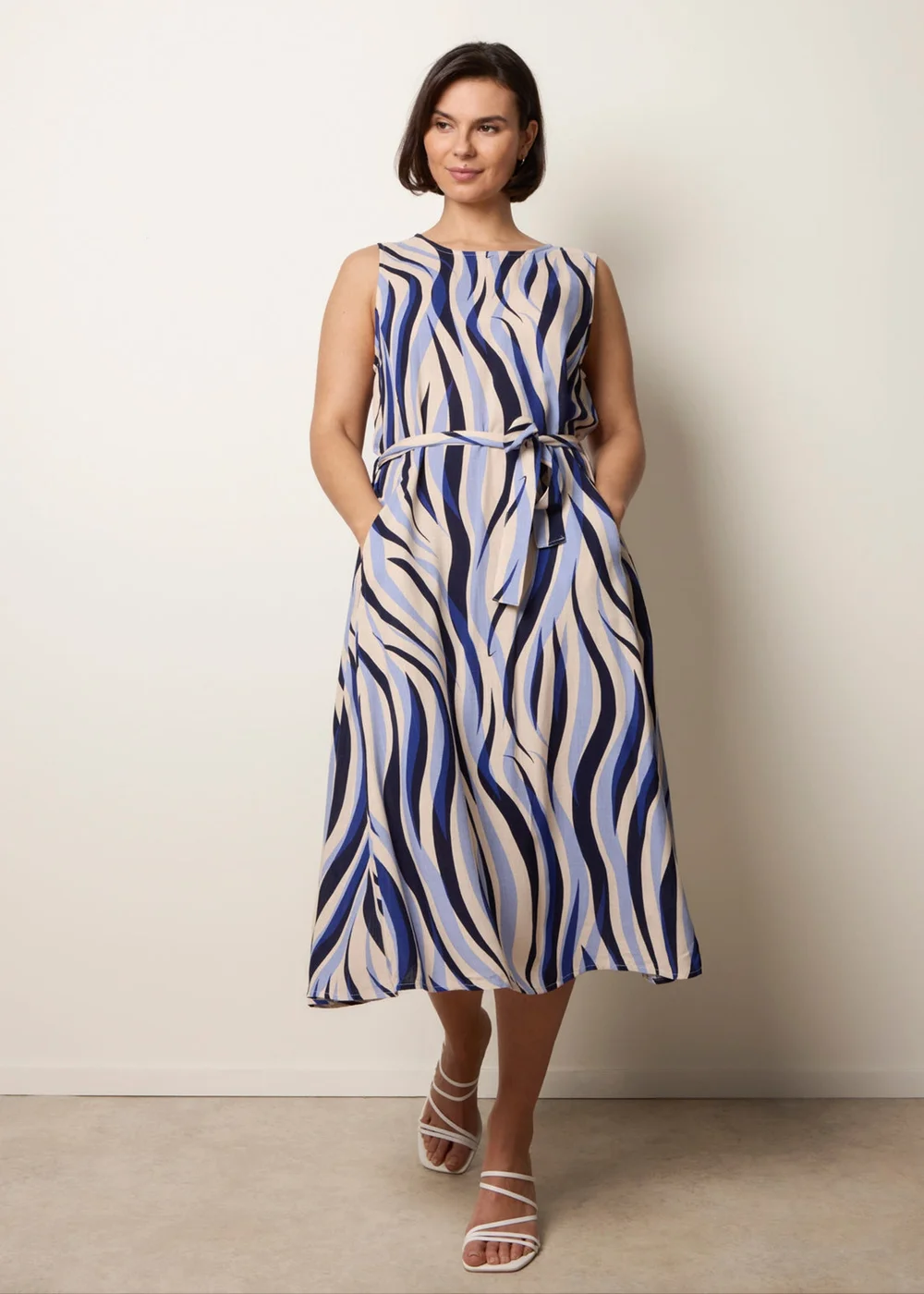 Blue Vanilla Navy Bold Wave Print Belted Dress - M Image 3